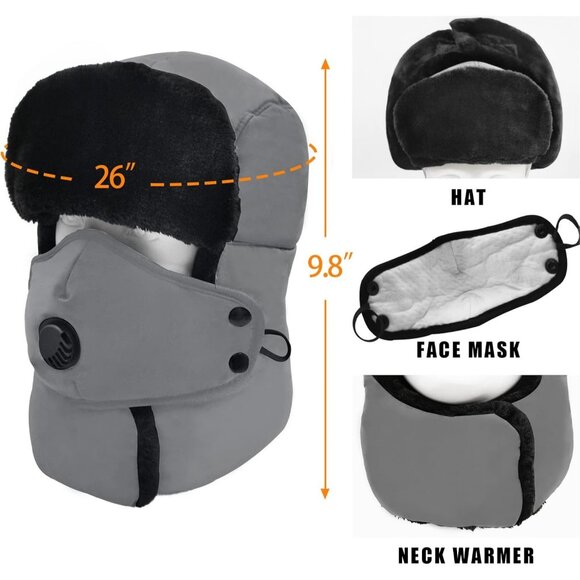 Unisex Gray Winter Trapper Hat Russian with Ear Flap Mask Aviator Cold Weather - Picture 3 of 6